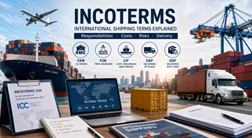 Internationaler Gütertransport mit Containern, Lkw, Schiffen und Logistikfachleuten, die Incoterms für den globalen Handel erklären